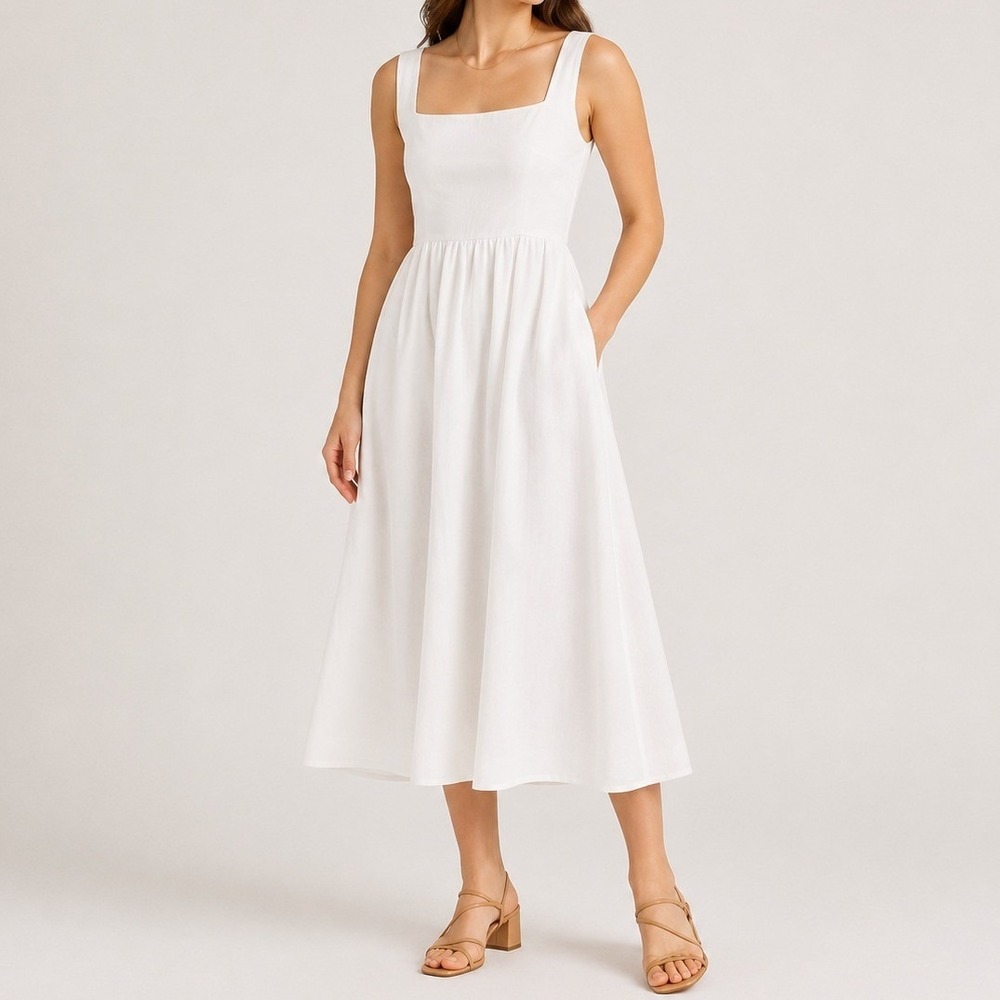 Quince 100% European Linen Fit Flare Midi Dress Pockets Smocked White Medium NWT